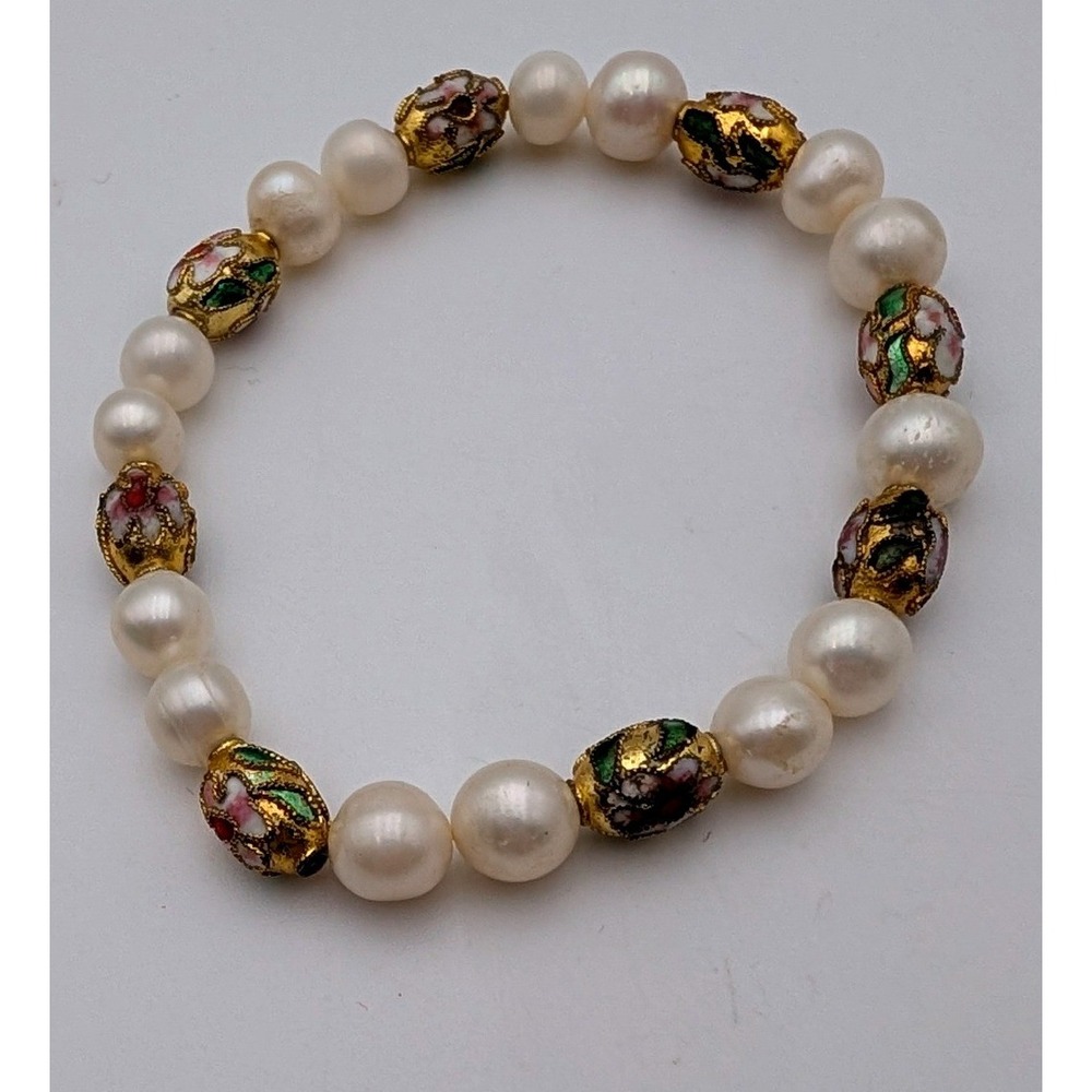 Vintage Style Cloisonne Enamel and White Freshwater Pearl Stretch Bracelet